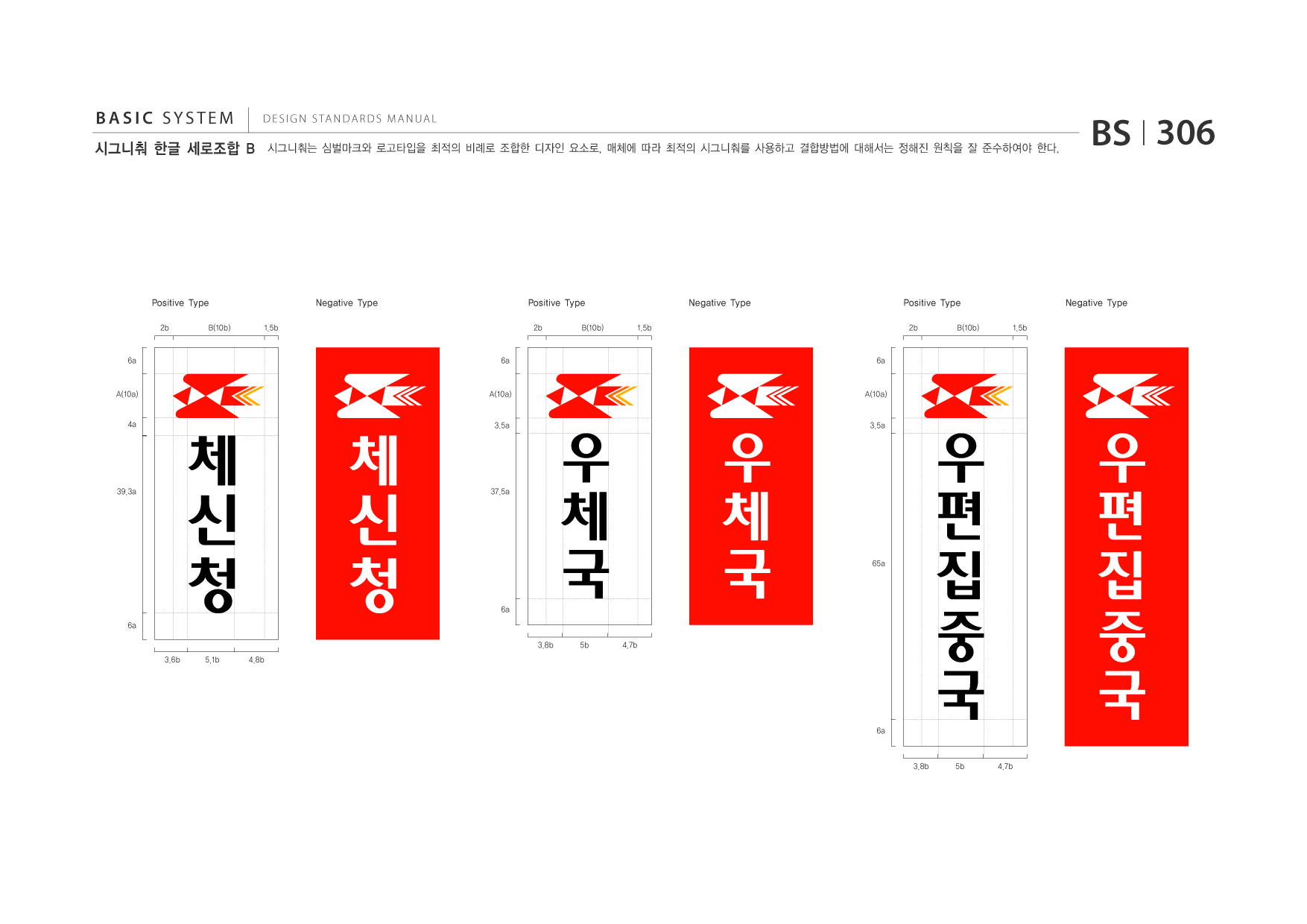 BASIC SYSTEM 시그니춰 한글 세로조합 B  DESIGN STANDARDS MANUAL  시그니춰는 심벌마크와 로고타입을 최적의 비례로 조합한 디자인 요소로, 매체에 따라 최적의 시그니춰를 사용하고 결합방법에 대해서는 정해진 원칙을 잘 준수하여야 한다.  BS I 306  Positive Type 2b B(10b) 1.5b  Negative Type  Positive Type 2b B(10b) 1.5b  Negative Type  Positive Type 2b B(10b) 1.5b  Negative Type  6a  6a  6a  A(10a) 4a  A(10a)  A(10a)  3.5a  3.5a  39.3a  37.5a  65a  6a 6a 3.8b 3.6b 5.1b 4.8b 5b 4.7b  6a  3.8b  5b  4.7b